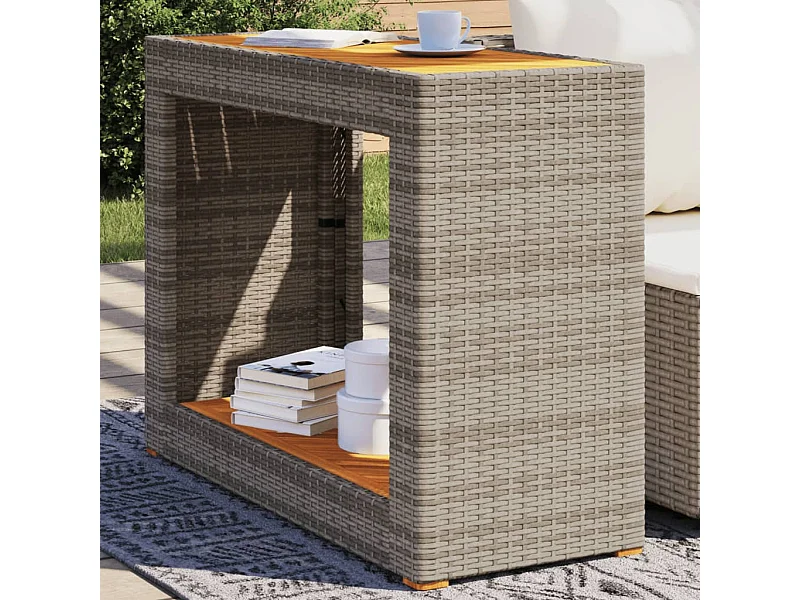 Tuinbijzettafel met houten blad 100x40x75 cm poly rattan grijs