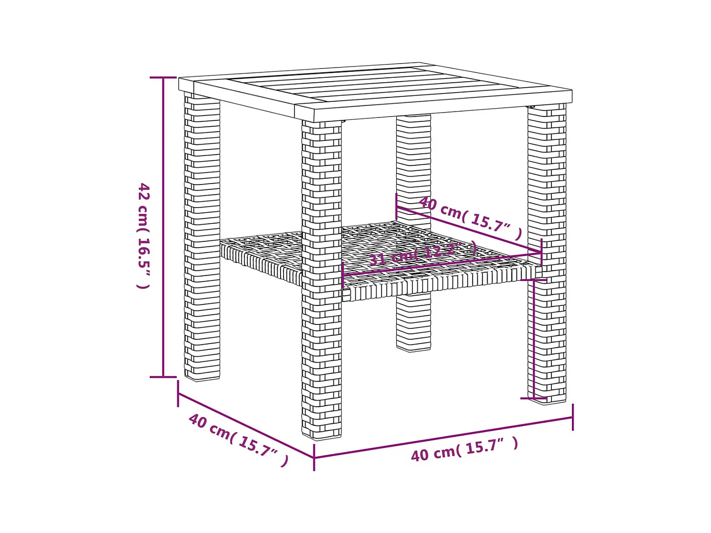 Mesa de jardín ratán sintético madera acacia negro 40x40x42 cm