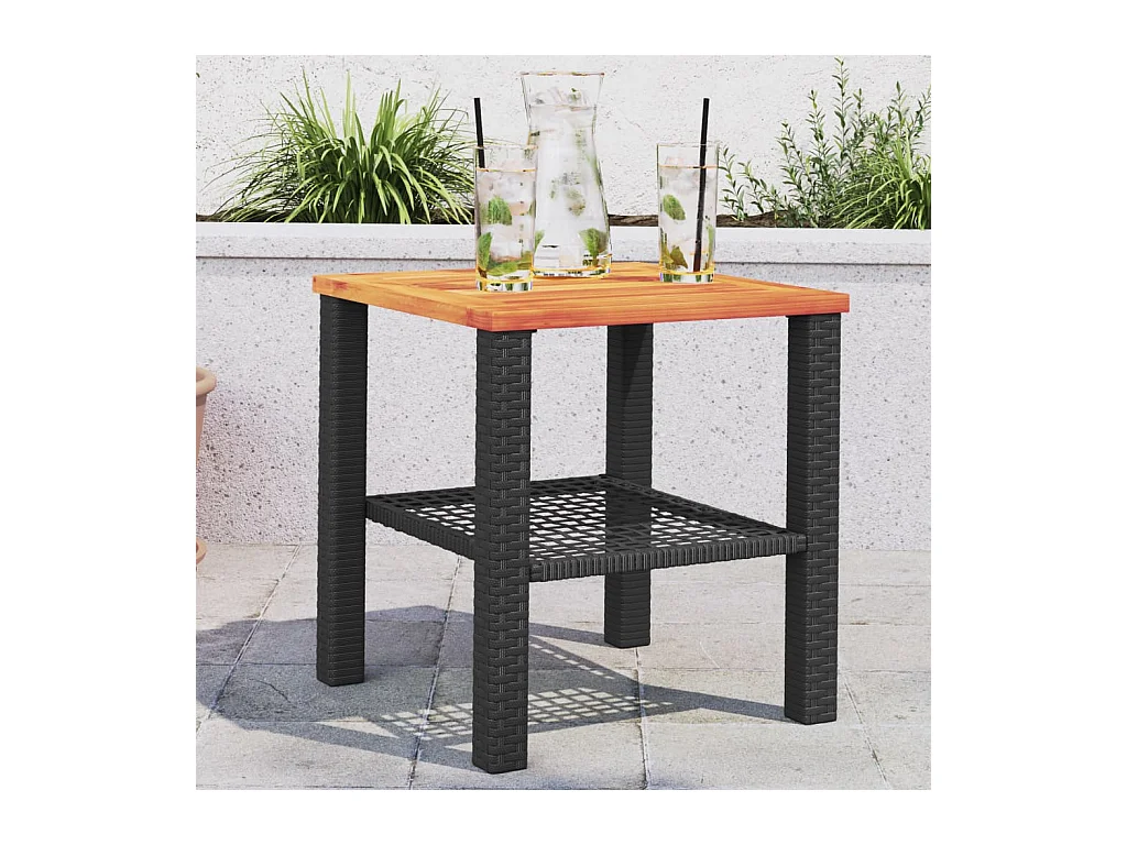 Table de jardin noir 40x40x42 cm résine tressée et bois acacia