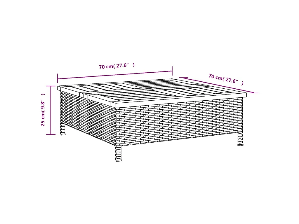 Table de jardin gris 70x70x25 cm résine tressée et bois acacia