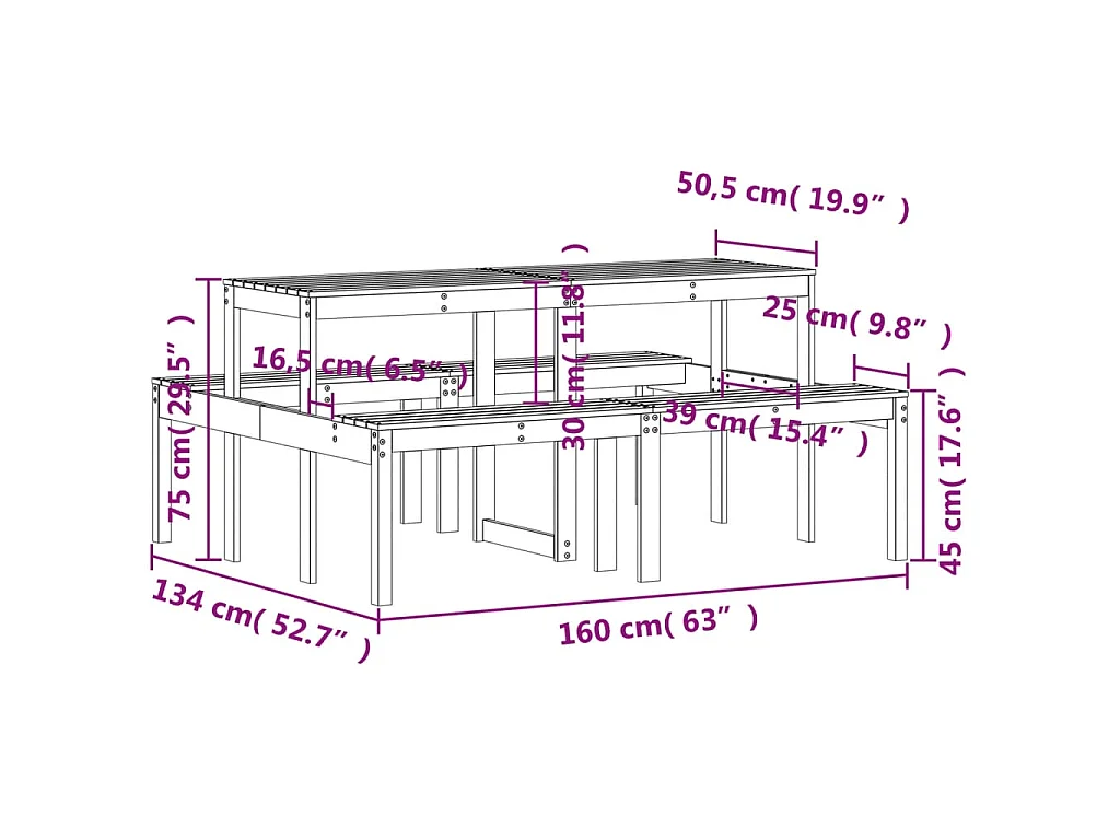 Mesa de pícnic madera maciza de pino 160x134x75 cm