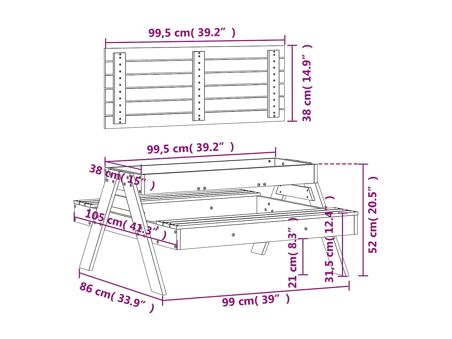 Picknicktafel met zandbak voor kinderen massief grenenhout wit