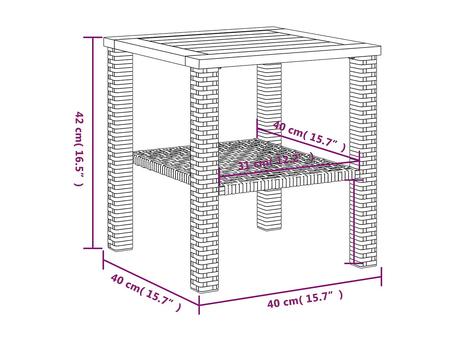Table de jardin beige 40x40x42 cm résine tressée et bois acacia