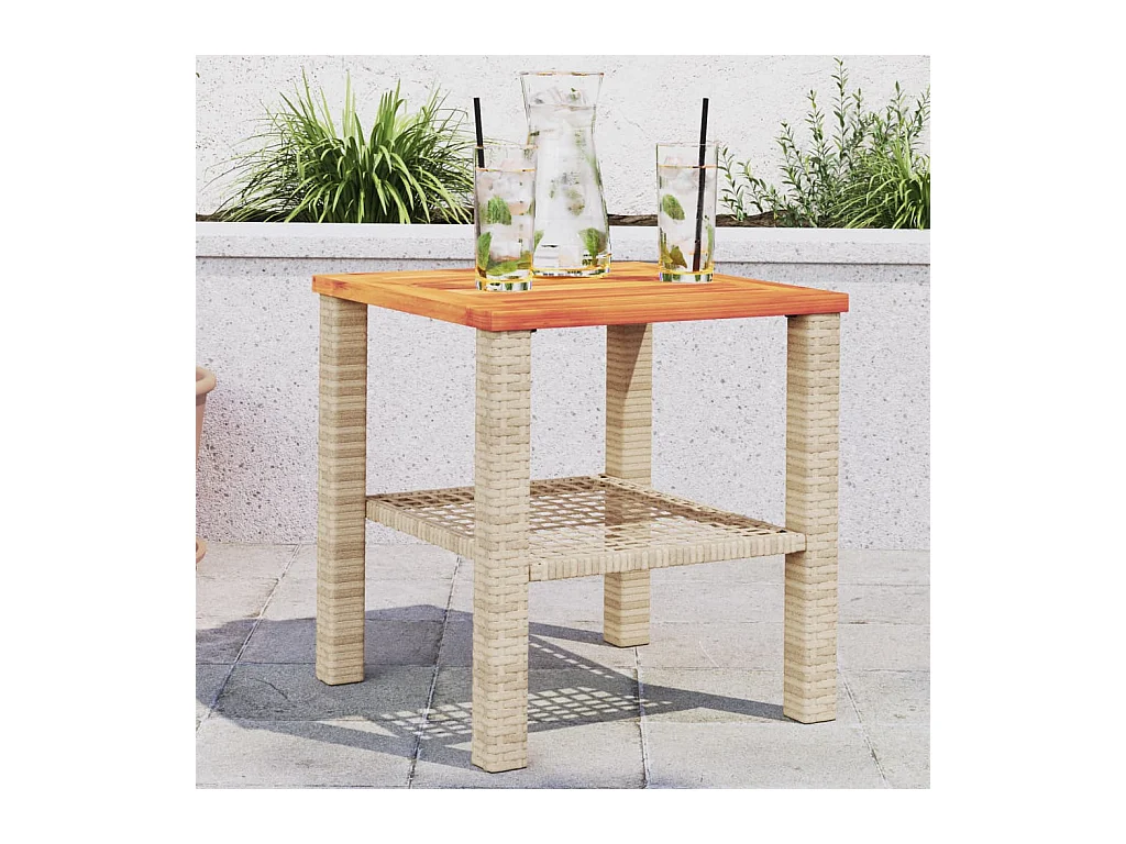 Table de jardin beige 40x40x42 cm résine tressée et bois acacia