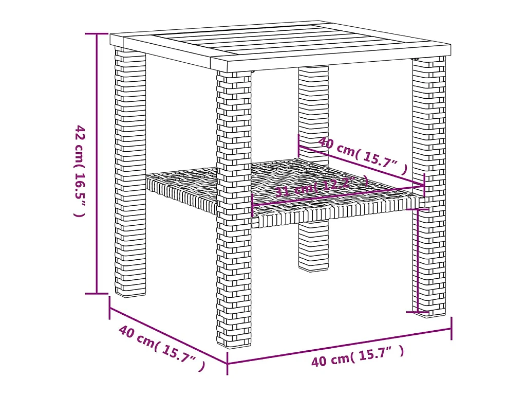 Table de jardin beige 40x40x42 cm résine tressée et bois acacia