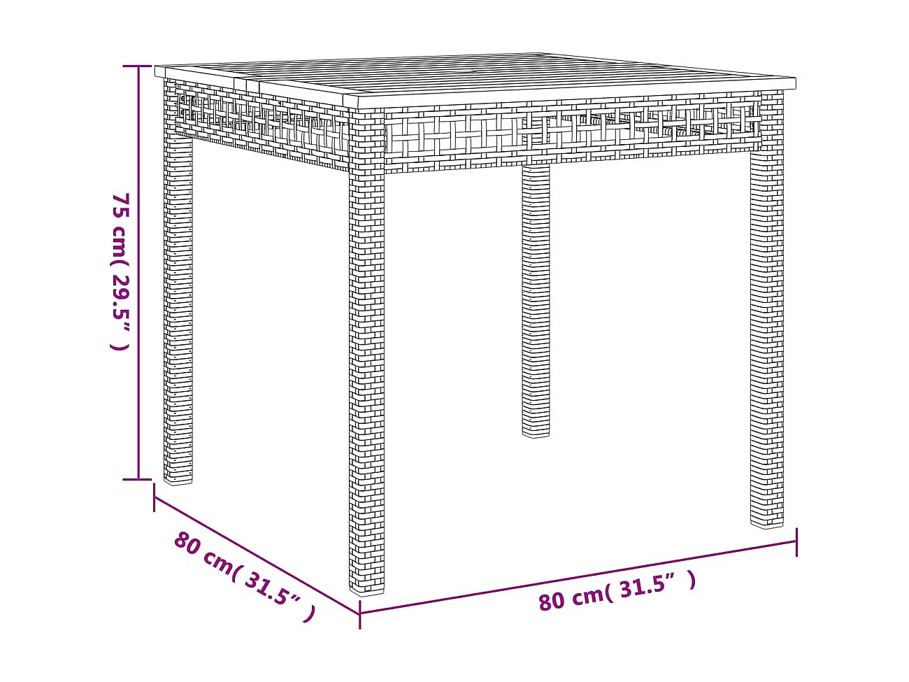 Mesa de jardim 80x80x75 cm vime PE e madeira de acácia preto
