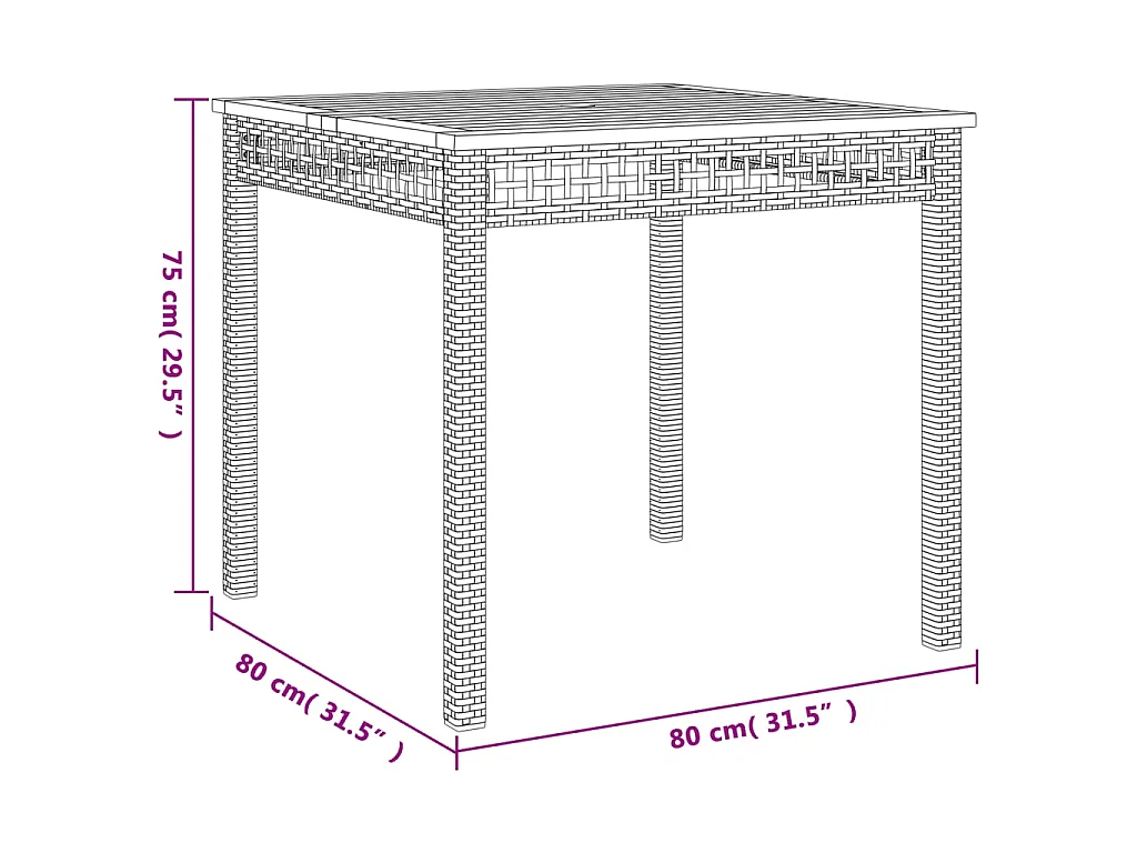Table de jardin noir 80x80x75 cm résine tressée et bois acacia