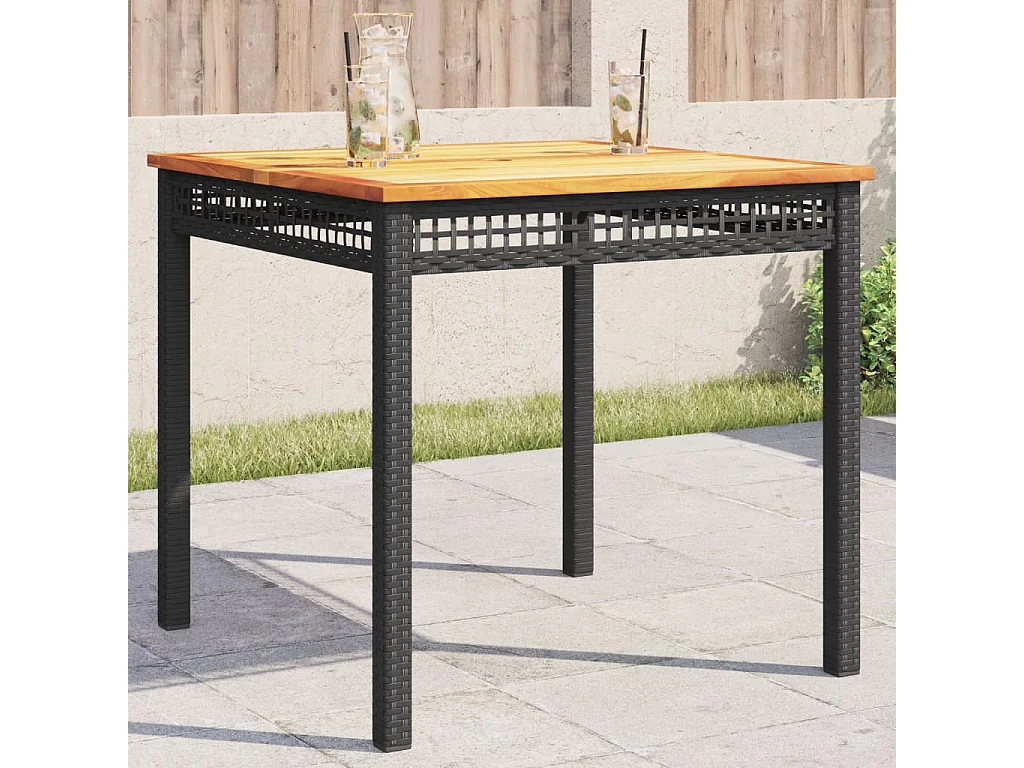 Table de jardin noir 80x80x75 cm résine tressée et bois acacia