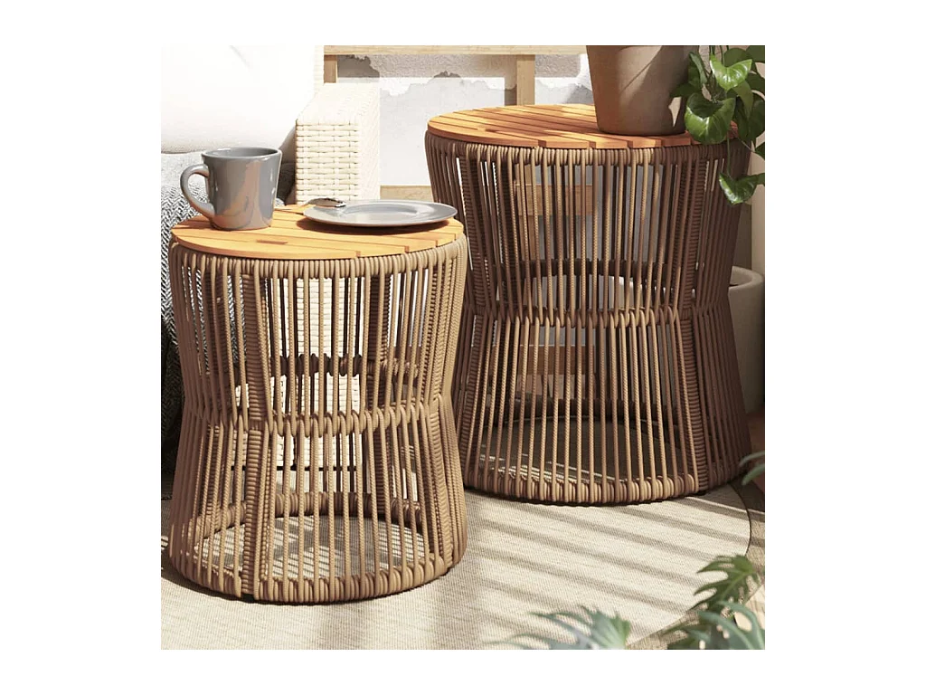 Tables d'appoint de jardin 2pcs dessus en bois beige poly rotin