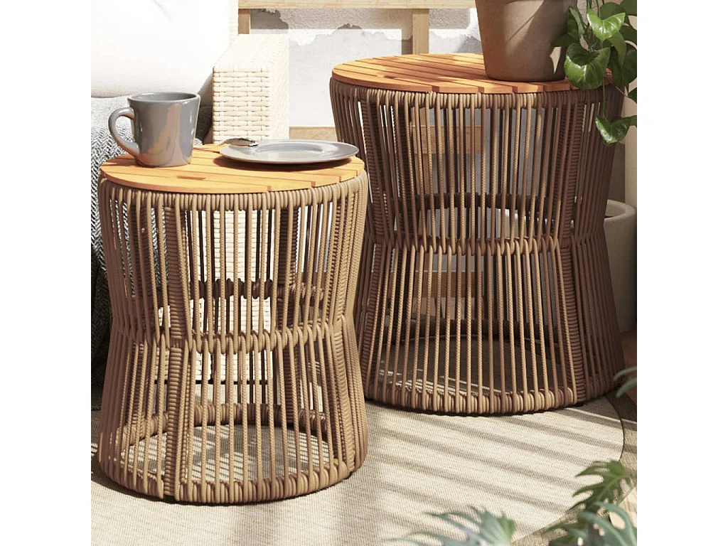 Tuinbijzettafels 2 st met houten blad poly rattan beige