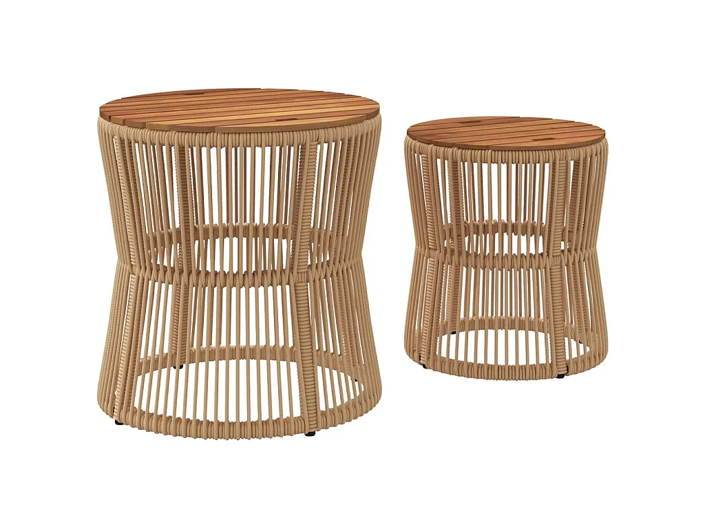 Tuinbijzettafels 2 st met houten blad poly rattan beige