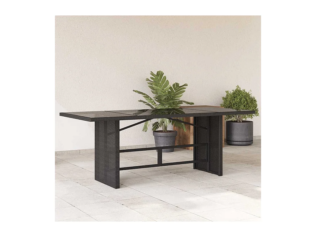 Table de jardin dessus en verre noir 190x80x74cm résine tressée