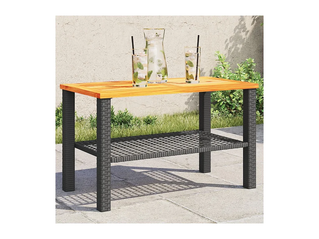 Table de jardin noir 70x38x42 cm résine tressée et bois acacia