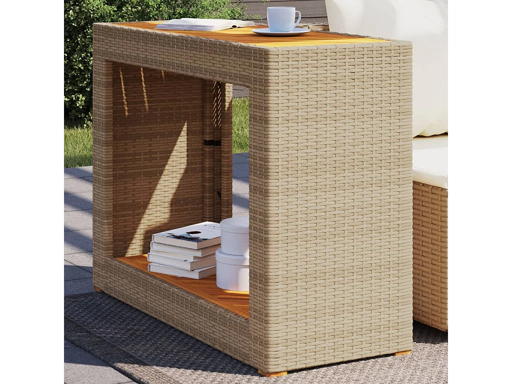 Garten-Beistelltisch mit Holzplatte Beige Poly Rattan