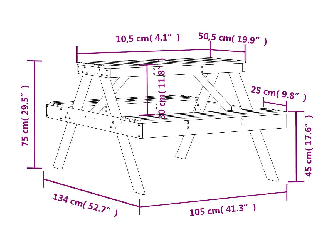 Table de pique-nique 105x134x75 cm bois massif de pin