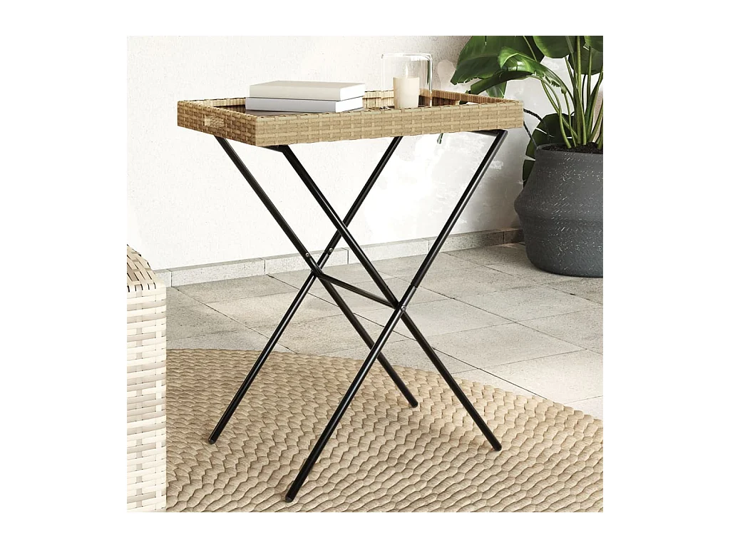 Table à plateau pliable beige 65x40x75 cm résine tressée