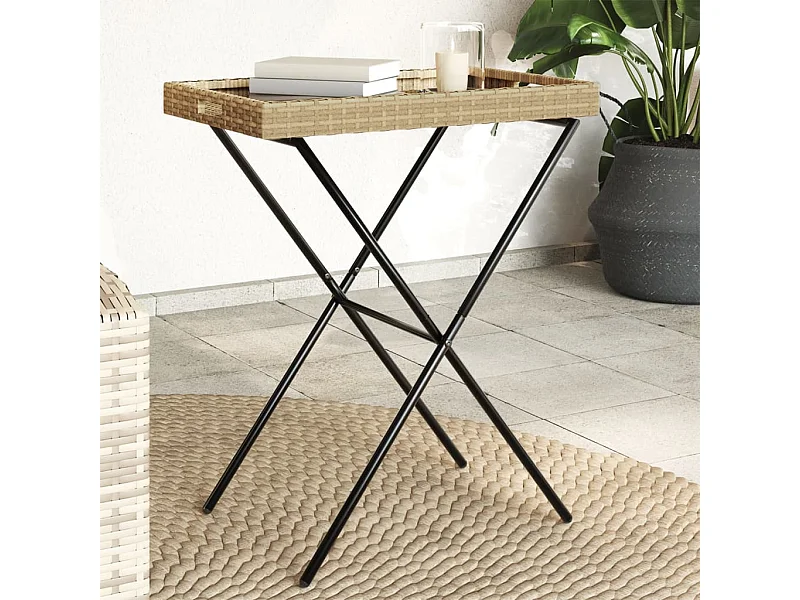 Table à plateau pliable beige 65x40x75 cm résine tressée