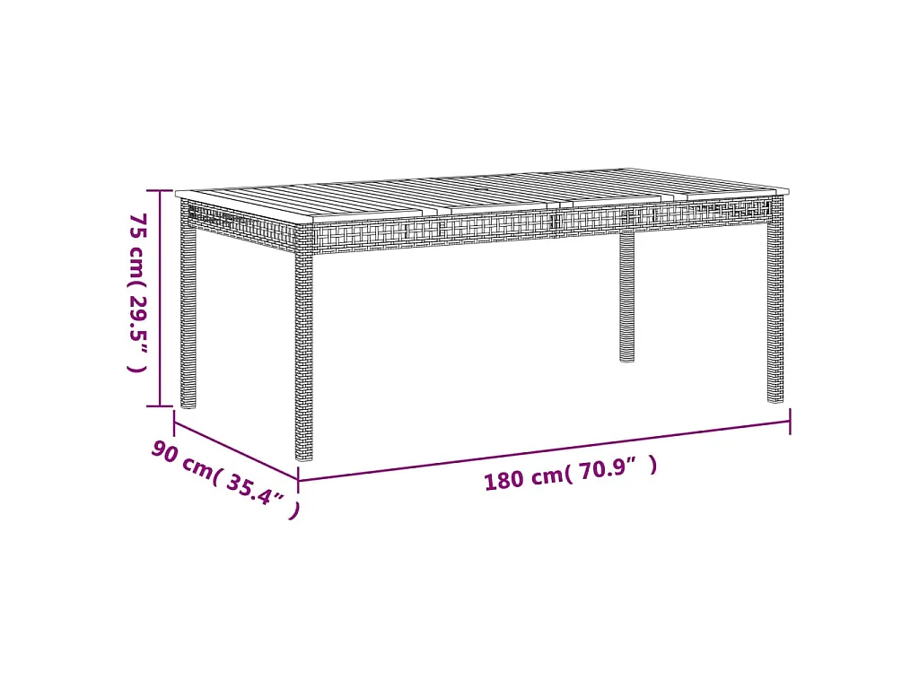 Table de jardin noir 180x90x75 cm résine tressée et bois acacia