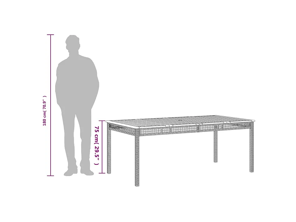 Table de jardin noir 180x90x75 cm résine tressée et bois acacia
