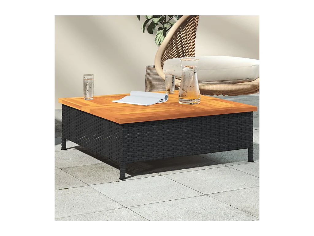 Table de jardin noir 70x70x25 cm résine tressée et bois acacia