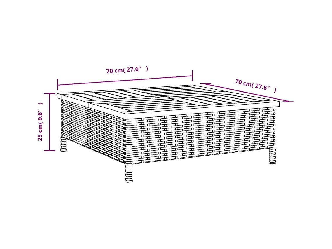 Table de jardin noir 70x70x25 cm résine tressée et bois acacia