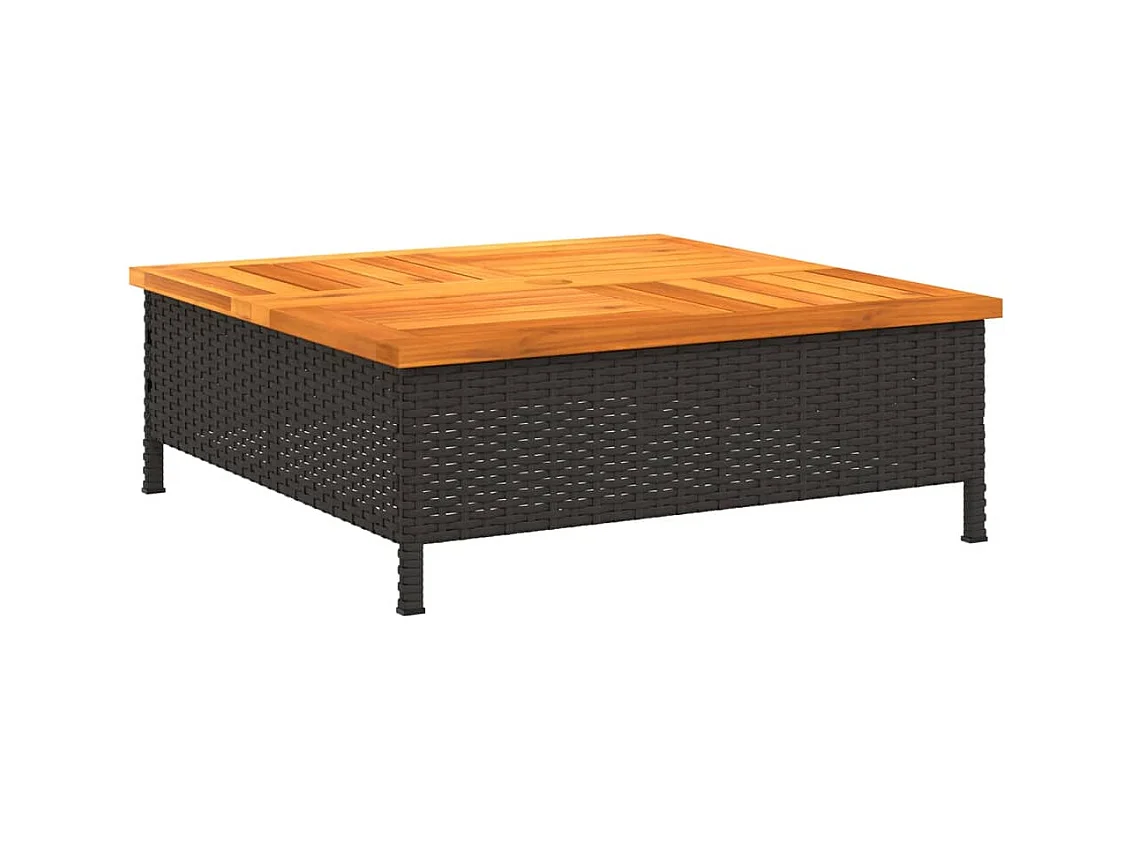 Table de jardin noir 70x70x25 cm résine tressée et bois acacia