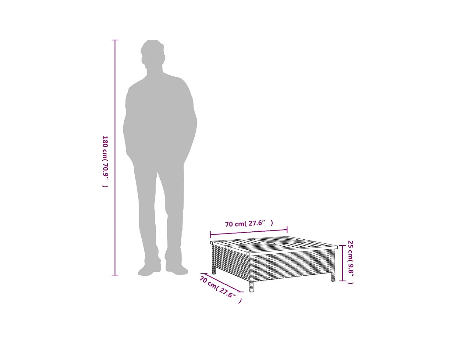 Table de jardin noir 70x70x25 cm résine tressée et bois acacia