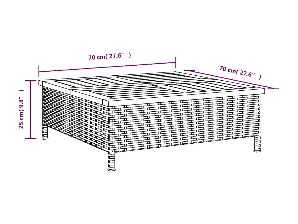 Table de jardin noir 70x70x25 cm résine tressée et bois acacia