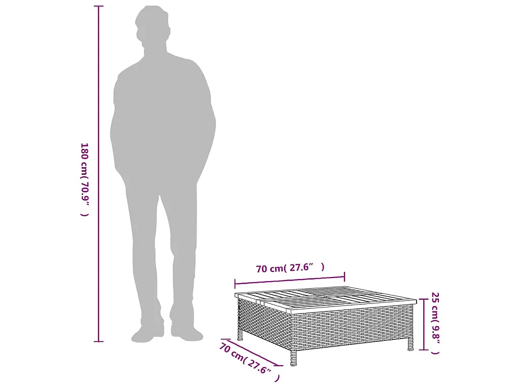 Tuintafel 70x70x25 cm poly rattan en acaciahout zwart