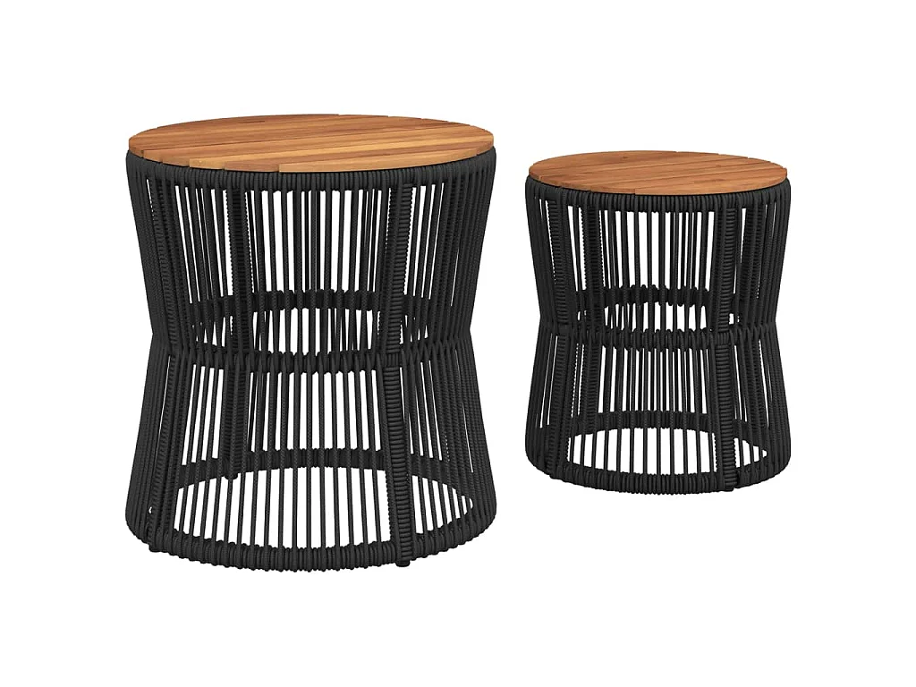Tuinbijzettafels 2 st met houten blad poly rattan zwart