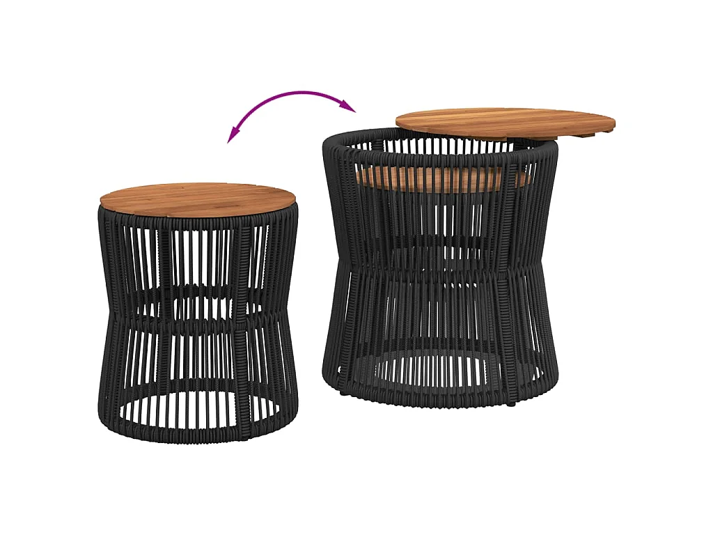 Tables d'appoint de jardin 2 pcs dessus en bois noir poly rotin