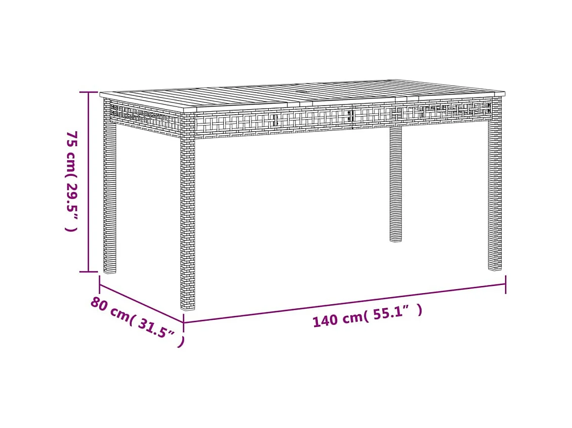 Table de jardin noir 140x80x75 cm résine tressée et bois acacia