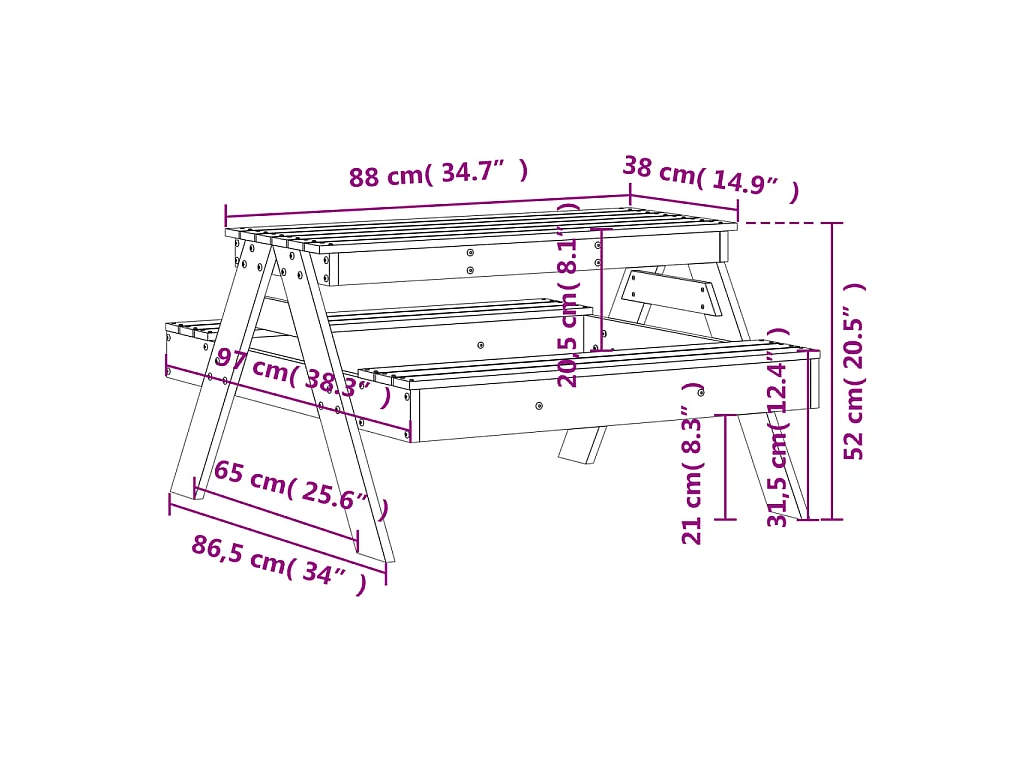 Tavolo da Picnic per Bambini 88x97x52 cm Legno Massello di Pino