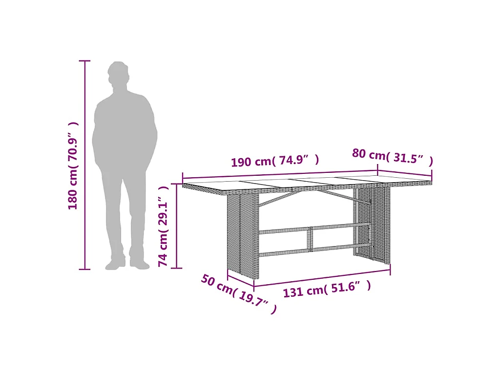 Mesa de jardim com tampo de vidro 190x80x74 cm vime PE cinza