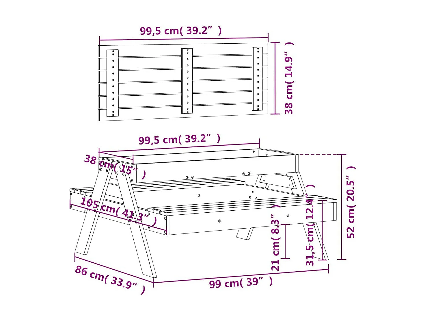 Picknicktafel met zandbak voor kinderen massief grenenhout