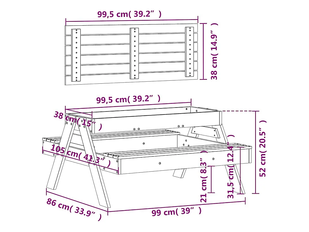Table de pique-nique avec bac à sable pour enfants pin massif