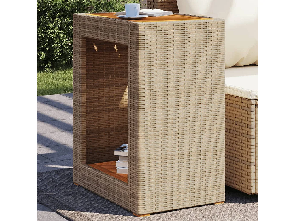 Garten-Beistelltisch mit Holzplatte Beige Poly Rattan