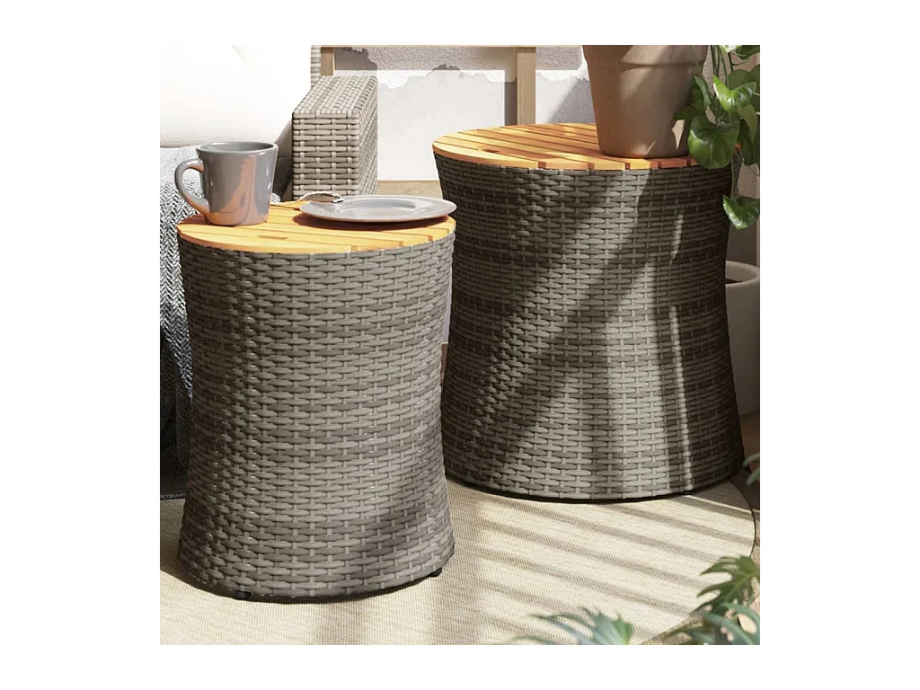 Tuinbijzettafels 2 st met houten blad poly rattan grijs