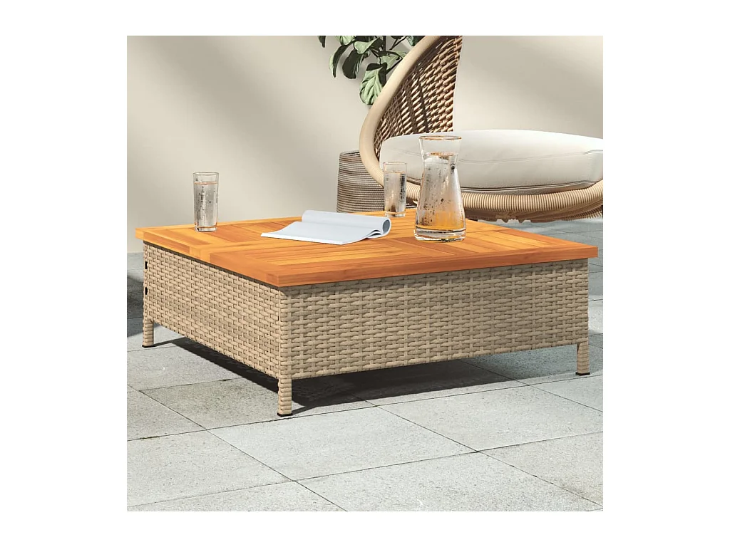 Table de jardin beige 70x70x25 cm résine tressée et bois acacia