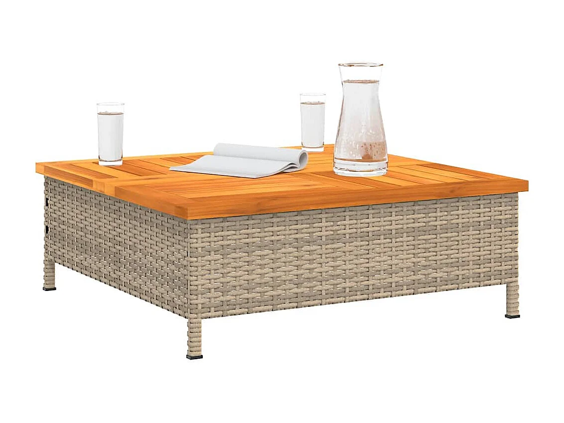 Table de jardin beige 70x70x25 cm résine tressée et bois acacia