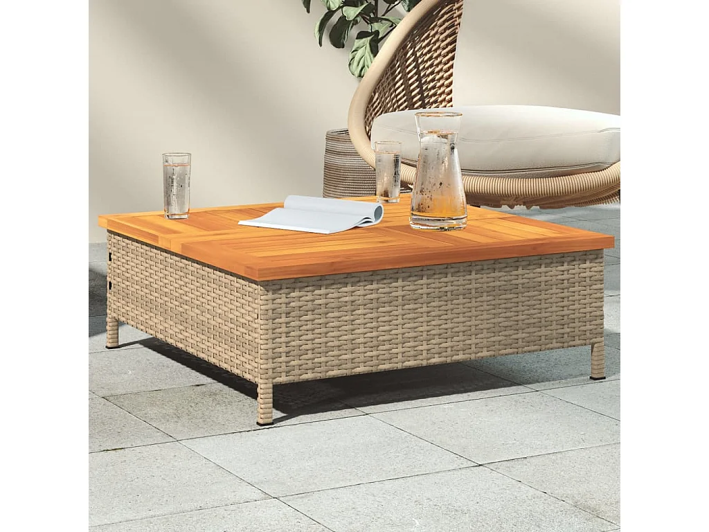 Mesa de jardín ratán y madera de acacia beige 70x70x25 cm