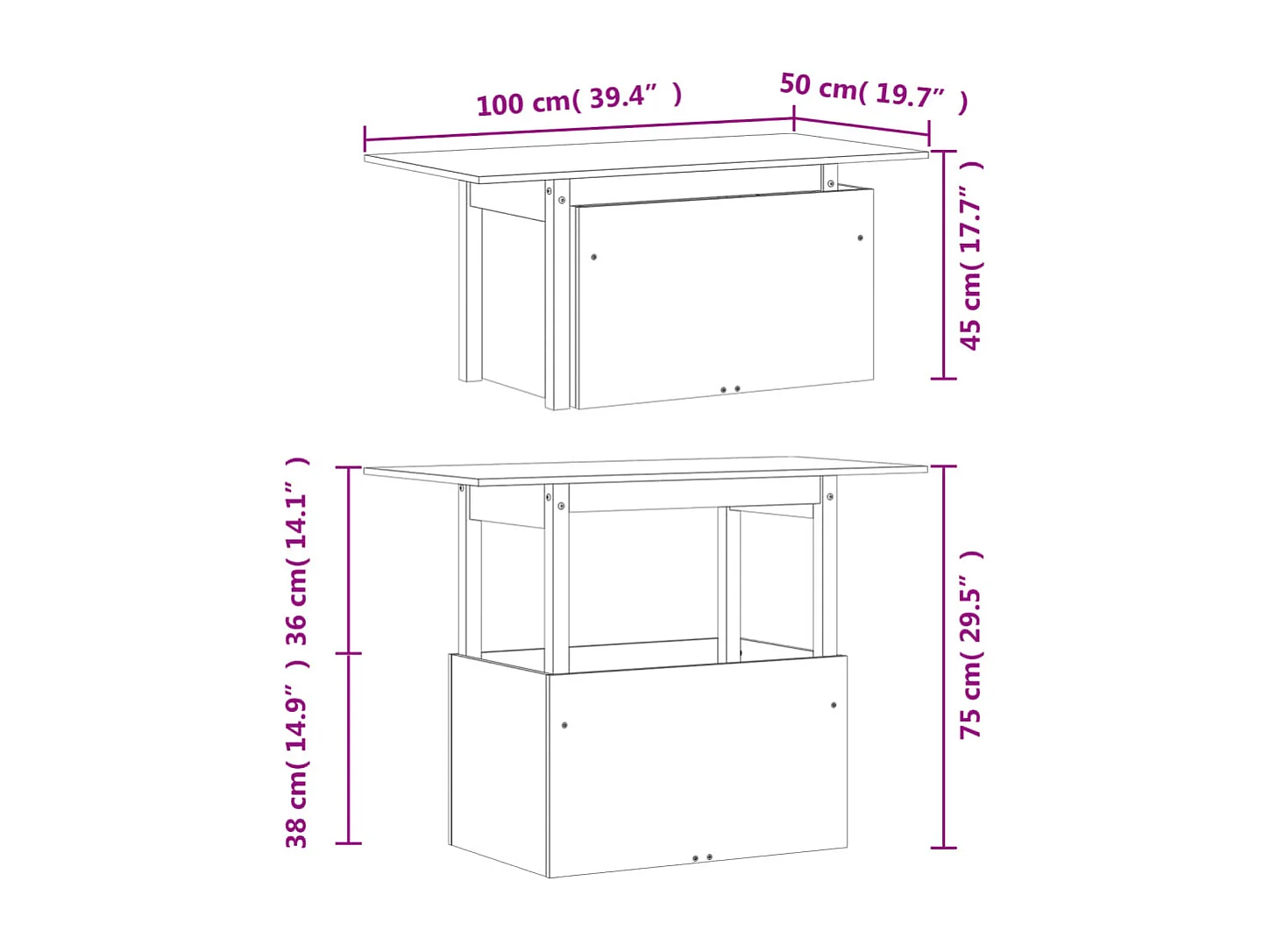 Table de jardin 100x50x75 cm bois massif de pin
