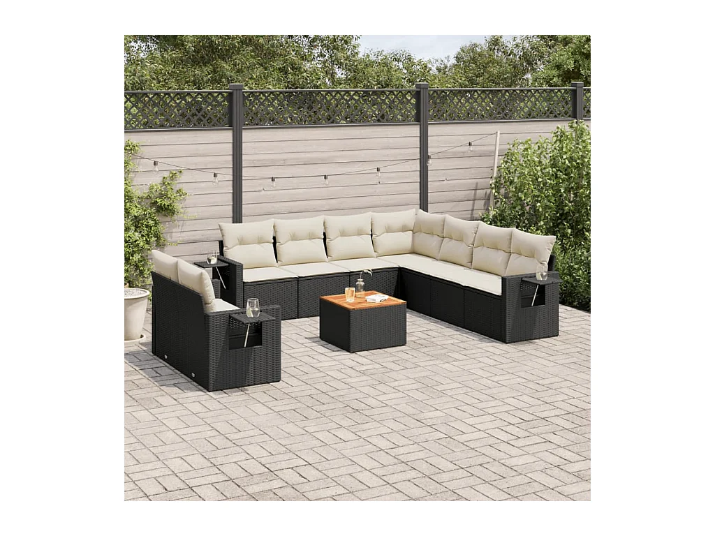 Salon de jardin 10 pcs avec coussins noir résine tressée