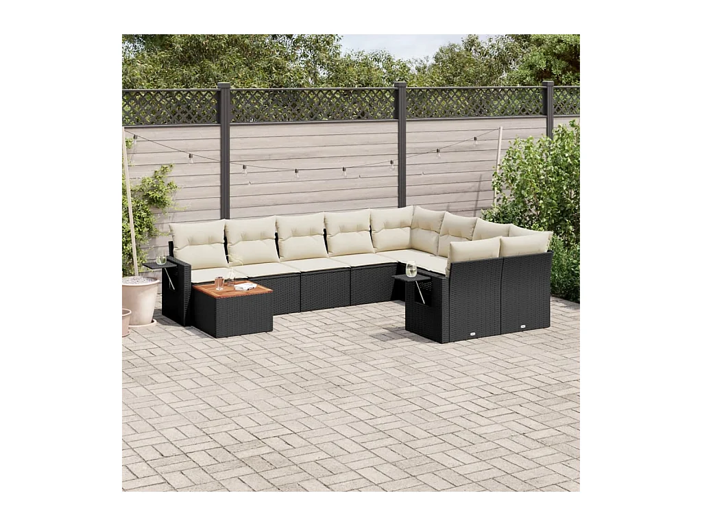 Salon de jardin 10 pcs avec coussins noir résine tressée