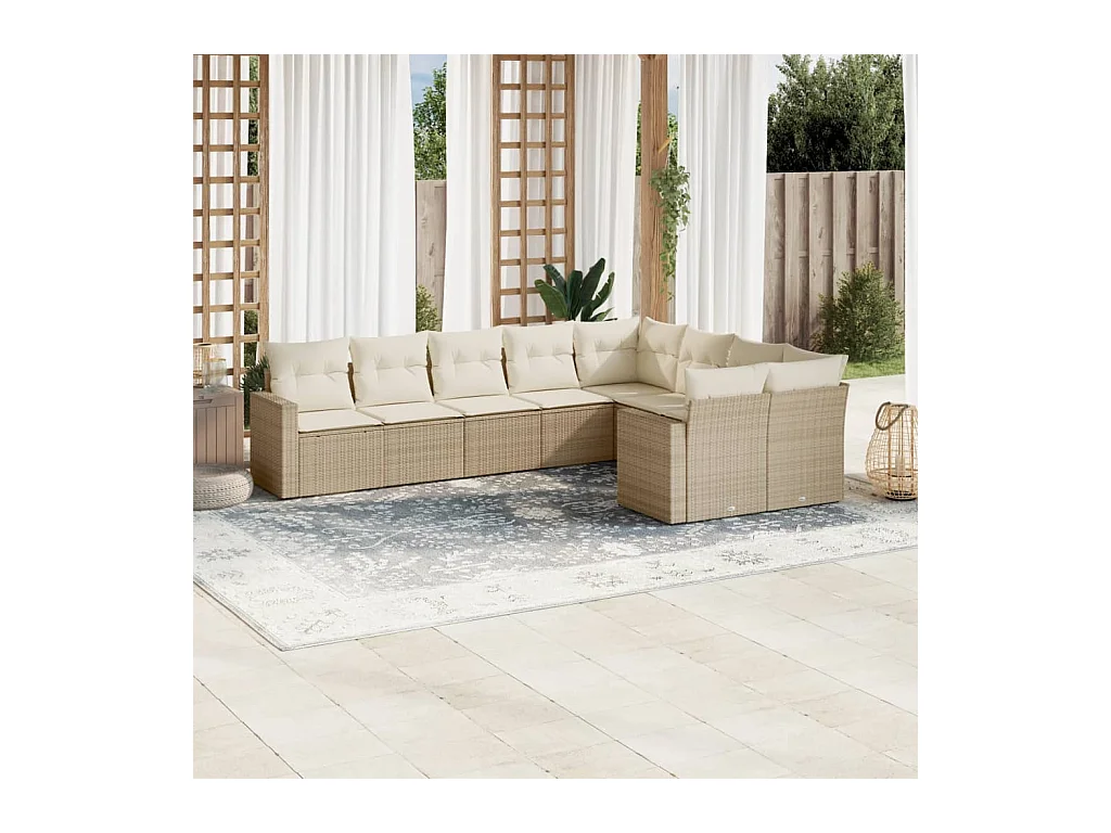 9-tlg. Garten-Sofagarnitur mit Kissen Beige Poly Rattan
