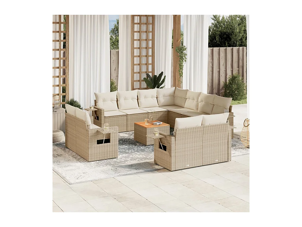 Salon de jardin avec coussins 12 pcs beige résine tressée