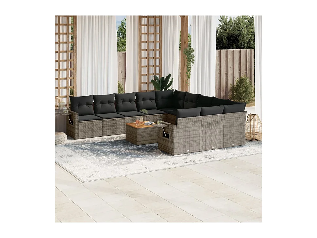 Salon de jardin avec coussins 12 pcs gris résine tressée