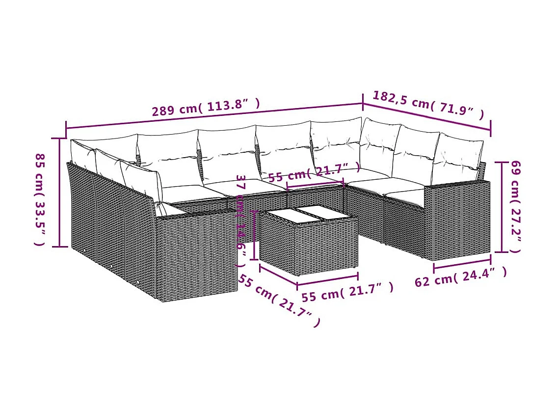 Salon de jardin 10 pcs avec coussins noir résine tressée