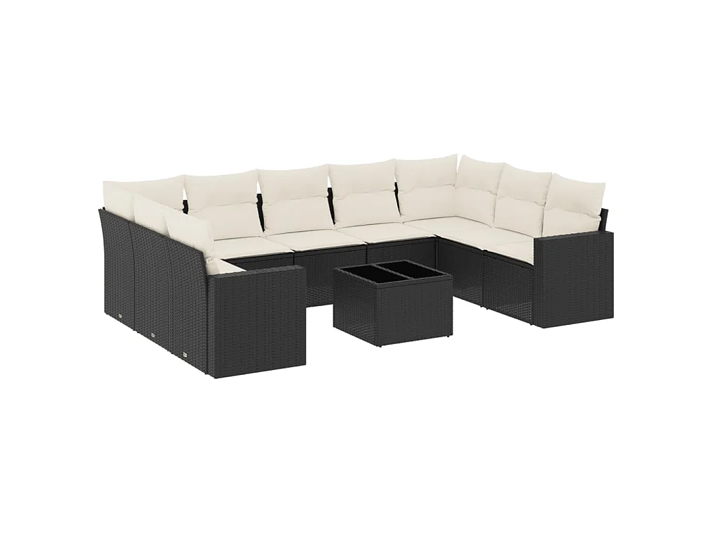 10-delige Loungeset met kussens poly rattan zwart