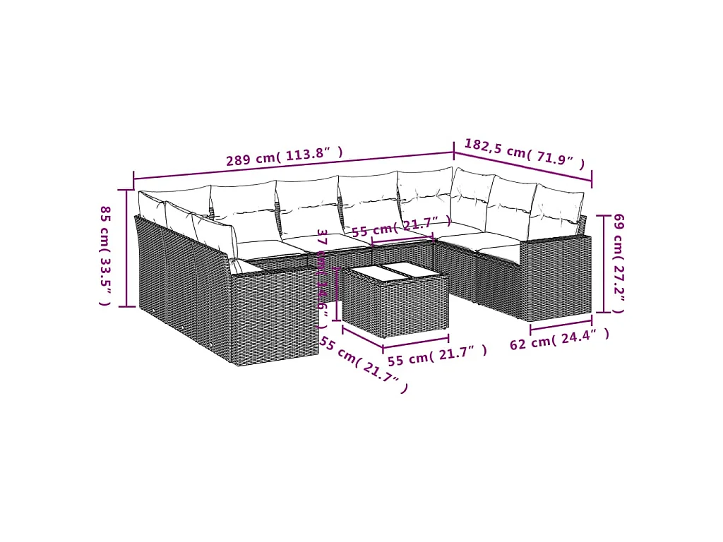 10-delige Loungeset met kussens poly rattan zwart